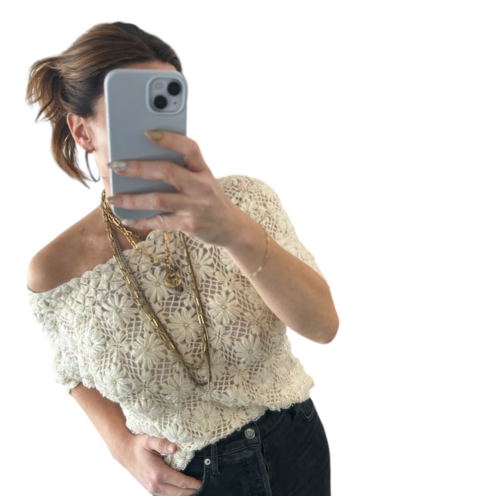 Cream Crochet Off-Shoulder Top